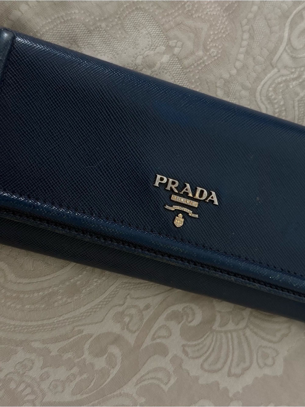 Prada Navy Saffiano Leather Card & Key Holder with Gold Logo